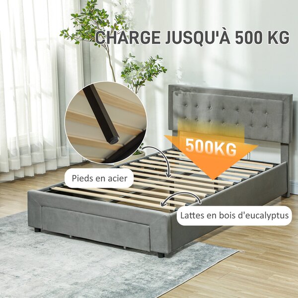 HOMCOM Dvoulůžkový rám postele 140 x 200 cm pro 2 osoby - plynový plyn, úložný prostor, zásuvka na kolečkách, výškově nastavitelný čelní panel a dřevě