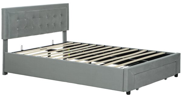 HOMCOM Dvoulůžkový rám postele 140 x 200 cm pro 2 osoby - plynový plyn, úložný prostor, zásuvka na kolečkách, výškově nastavitelný čelní panel a dřevě