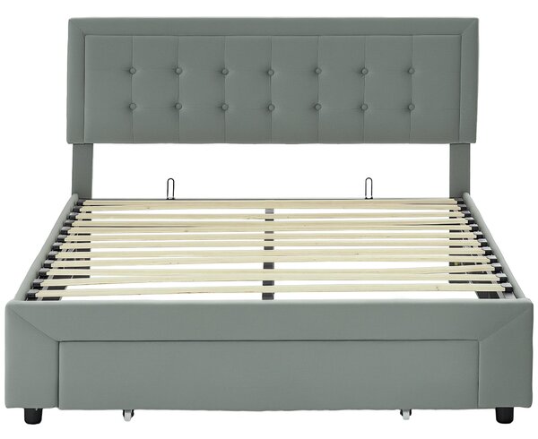 HOMCOM Dvoulůžkový rám postele 140 x 200 cm pro 2 osoby - plynový plyn, úložný prostor, zásuvka na kolečkách, výškově nastavitelný čelní panel a dřevě