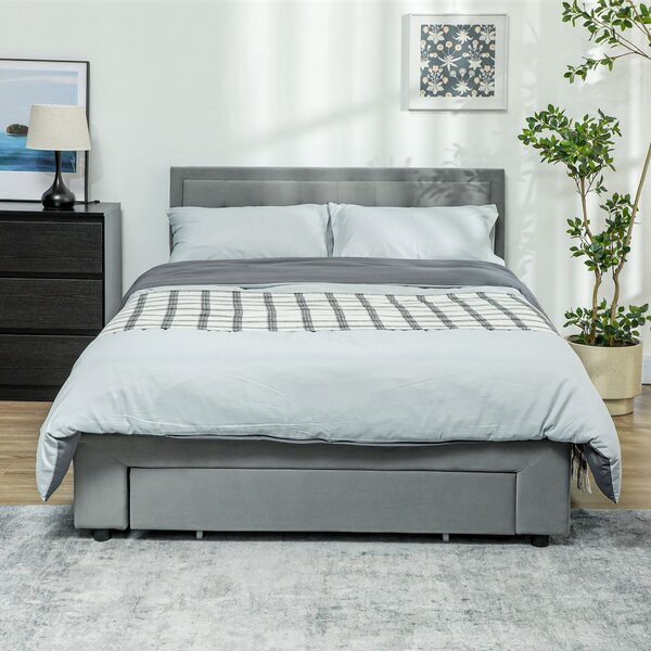 HOMCOM Dvoulůžkový rám postele 140 x 200 cm pro 2 osoby - plynový plyn, úložný prostor, zásuvka na kolečkách, výškově nastavitelný čelní panel a dřevě