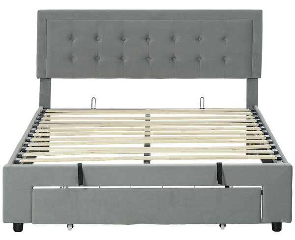 HOMCOM Dvoulůžkový rám postele 140 x 200 cm pro 2 osoby - plynový plyn, úložný prostor, zásuvka na kolečkách, výškově nastavitelný čelní panel a dřevě
