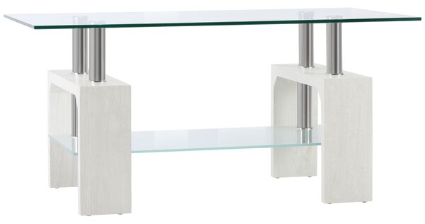 HOMCOM 2-úrovňový konferenční stolek, moderní stolek do obývacího pokoje se skleněnou deskou a dřevěnou a ocelovou konstrukcí, 90x50x42cm, bílý | Aoso