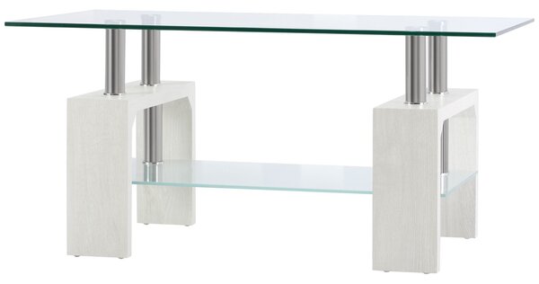 HOMCOM 2-úrovňový konferenční stolek, moderní stolek do obývacího pokoje se skleněnou deskou a dřevěnou a ocelovou konstrukcí, 90x50x42cm, bílý | Aoso