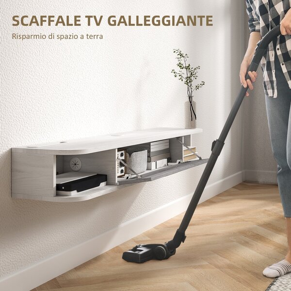 HOMCOM Floating TV Stand s 2 otevřenými policemi a skříňkou s výklopnými dvířky, Dřevěný televizní stolek, 120x26x16 cm, Bílý a šedý | Aosom