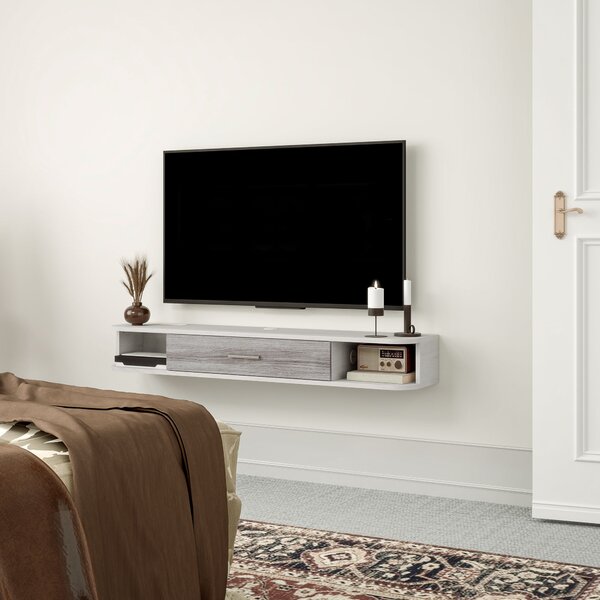 HOMCOM Floating TV Stand s 2 otevřenými policemi a skříňkou s výklopnými dvířky, Dřevěný televizní stolek, 120x26x16 cm, Bílý a šedý | Aosom