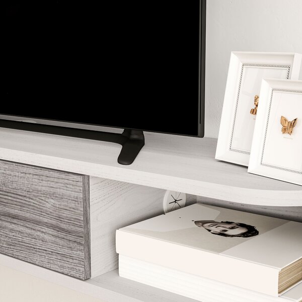HOMCOM Floating TV Stand s 2 otevřenými policemi a skříňkou s výklopnými dvířky, Dřevěný televizní stolek, 120x26x16 cm, Bílý a šedý | Aosom