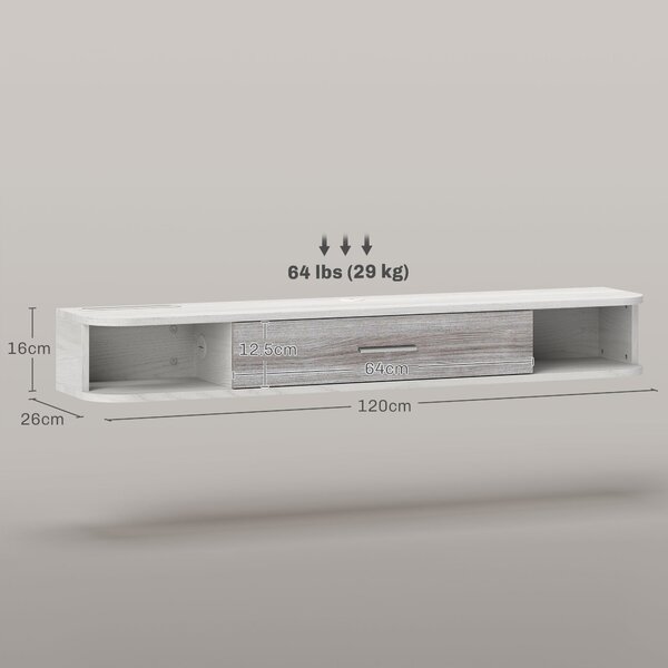 HOMCOM Floating TV Stand s 2 otevřenými policemi a skříňkou s výklopnými dvířky, Dřevěný televizní stolek, 120x26x16 cm, Bílý a šedý | Aosom