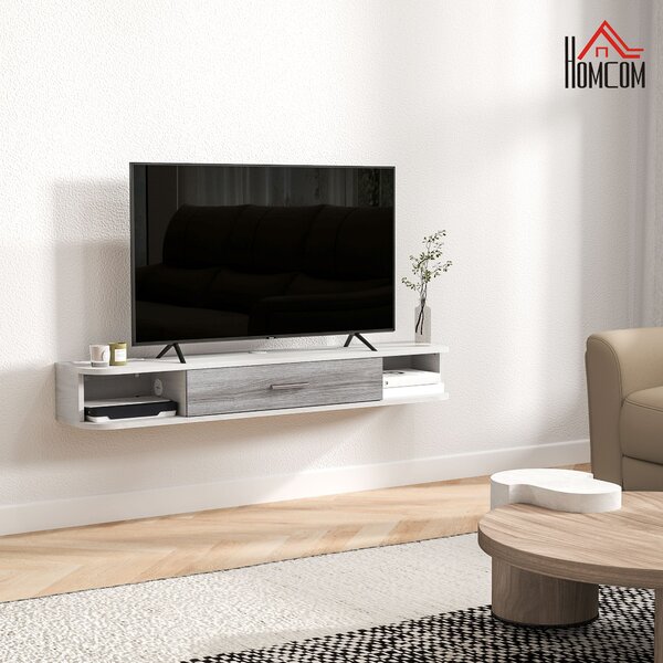 HOMCOM Floating TV Stand s 2 otevřenými policemi a skříňkou s výklopnými dvířky, Dřevěný televizní stolek, 120x26x16 cm, Bílý a šedý | Aosom