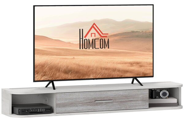HOMCOM Floating TV Stand s 2 otevřenými policemi a skříňkou s výklopnými dvířky, Dřevěný televizní stolek, 120x26x16 cm, Bílý a šedý | Aosom