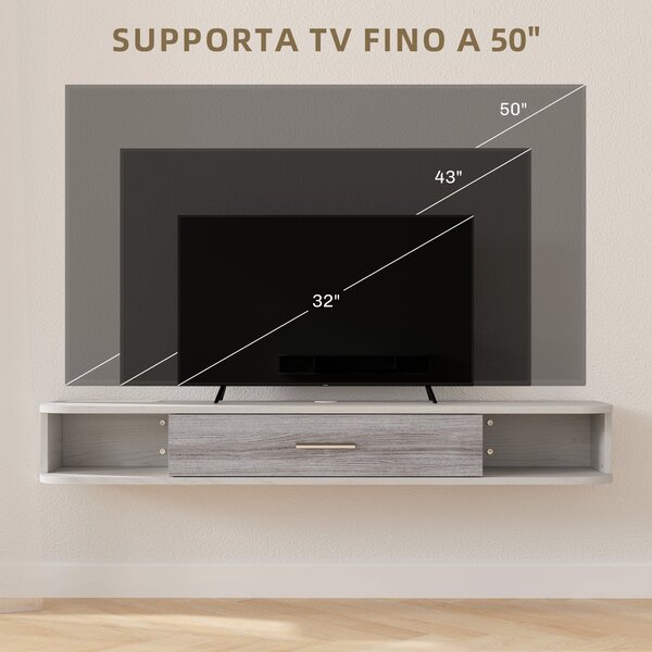 HOMCOM Floating TV Stand s 2 otevřenými policemi a skříňkou s výklopnými dvířky, Dřevěný televizní stolek, 120x26x16 cm, Bílý a šedý | Aosom