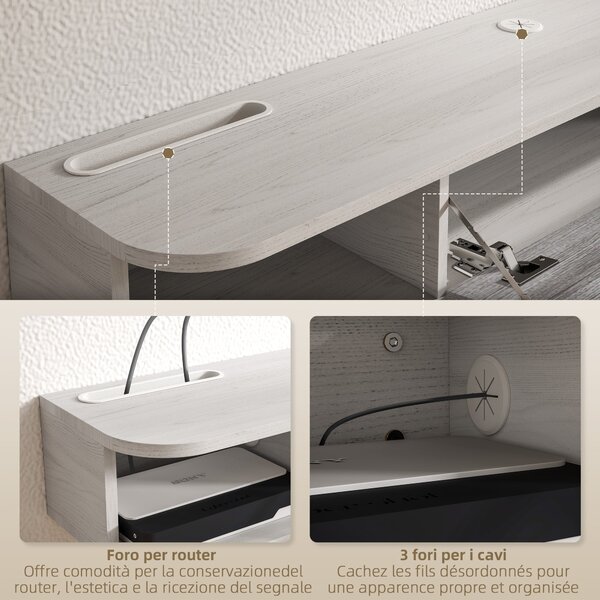 HOMCOM Floating TV Stand s 2 otevřenými policemi a skříňkou s výklopnými dvířky, Dřevěný televizní stolek, 120x26x16 cm, Bílý a šedý | Aosom