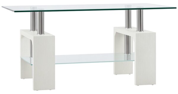 HOMCOM 2-úrovňový konferenční stolek, moderní stolek do obývacího pokoje se skleněnou deskou a dřevěnou a ocelovou konstrukcí, 90x50x42cm, bílý | Aoso