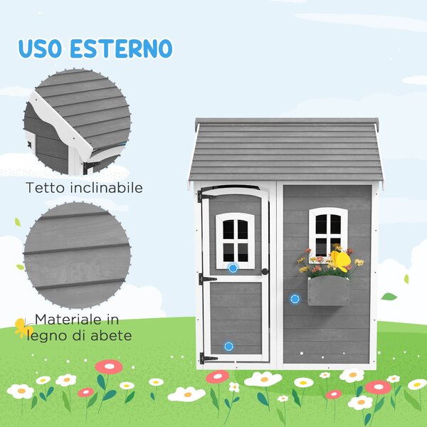Dětský domeček Outsunny pro děti ve věku 3-8 let se 6 okny a květináčem, dřevěný domeček, 104,5x110x137 cm, Šedý | Aosom