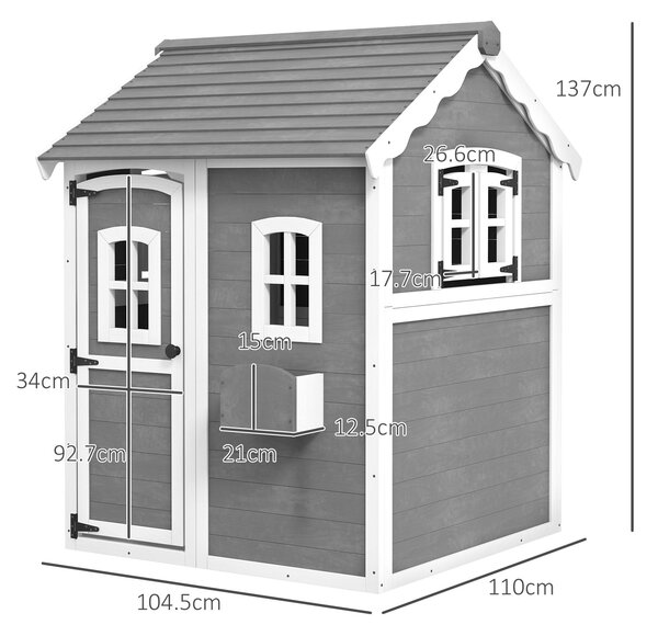 Dětský domeček Outsunny pro děti ve věku 3-8 let se 6 okny a květináčem, dřevěný domeček, 104,5x110x137 cm, Šedý | Aosom