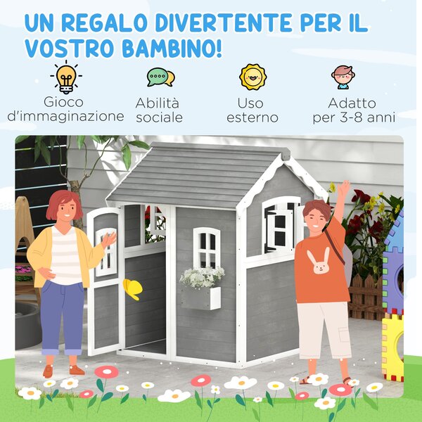 Dětský domeček Outsunny pro děti ve věku 3-8 let se 6 okny a květináčem, dřevěný domeček, 104,5x110x137 cm, Šedý | Aosom
