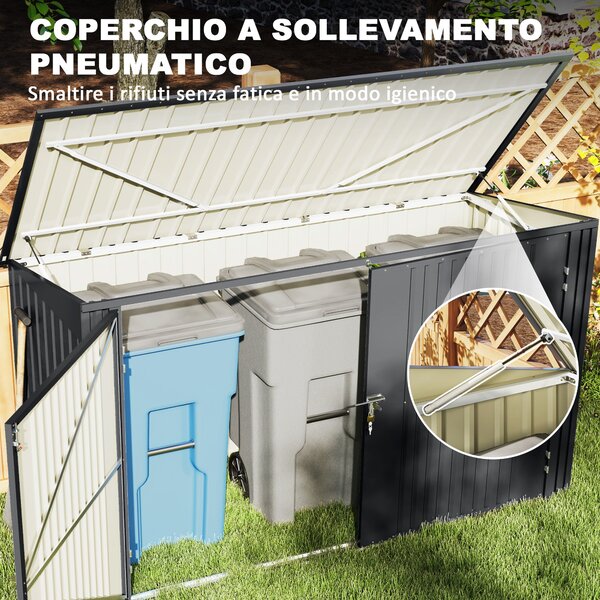 Outsunny Kryt na venkovní odpadkový koš pro 3 kontejnery 240L, 233x105 cm kontejner na odpadky s 2 dveřmi a zámky, 2,3 m² zahradní shed, box na odpadk