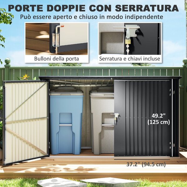Outsunny Kryt na venkovní odpadkový koš pro 3 kontejnery 240L, 233x105 cm kontejner na odpadky s 2 dveřmi a zámky, 2,3 m² zahradní shed, box na odpadk