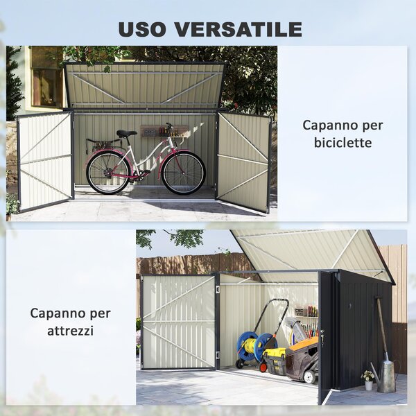 Outsunny Kryt na venkovní odpadkový koš pro 3 kontejnery 240L, 233x105 cm kontejner na odpadky s 2 dveřmi a zámky, 2,3 m² zahradní shed, box na odpadk