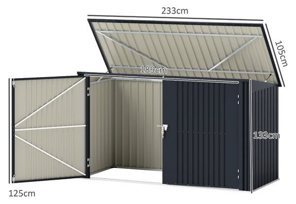 Outsunny Kryt na venkovní odpadkový koš pro 3 kontejnery 240L, 233x105 cm kontejner na odpadky s 2 dveřmi a zámky, 2,3 m² zahradní shed, box na odpadk