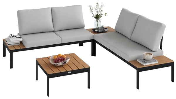 Outsunny 4-dílný zahradní lounge set, 2 2-místné venkovní lavice a 2 čtvercové stoly v dřevě a s vyjímatelnými polštáři, nábytek z kovu a kompozitního