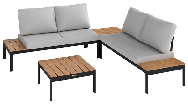 Outsunny 4-dílný zahradní lounge set, 2 2-místné venkovní lavice a 2 čtvercové stoly v dřevě a s vyjímatelnými polštáři, nábytek z kovu a kompozitního