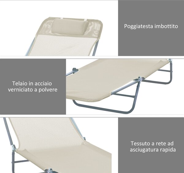 Outsunny Sada 2 skládacích lehátek se 4-stupňovým sklopným opěradlem, zahradní lehátka z oceli a síťoviny, béžová | Aosom