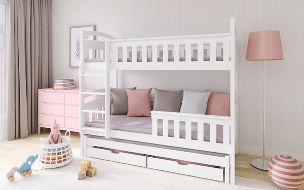 Dětská patrová postel z masivu HERMIONA s přistýlkou a šuplíky - 200x90 cm - bílá