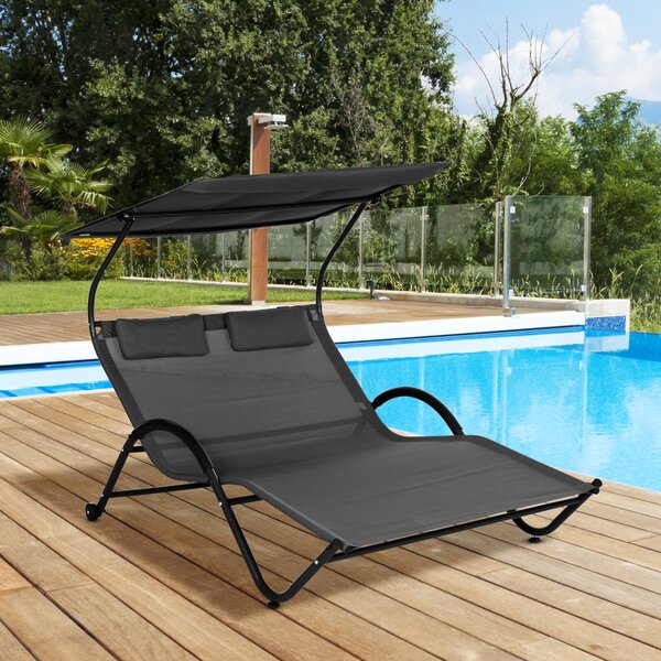 Outsunny Dvoulůžkový sklápěcí slunečník v oceli s kolečky, polstrovaným opěradlem a slunečníkem, 200x137x138 cm, Tmavě šedá | Aosom
