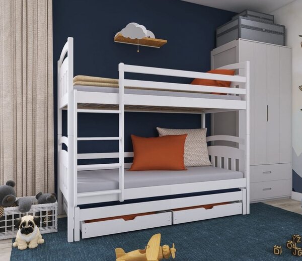 Dětská patrová postel z masivu ALDA s přistýlkou a šuplíky - 200x90 cm - bílá