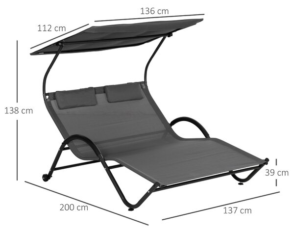 Outsunny Dvoulůžkový sklápěcí slunečník v oceli s kolečky, polstrovaným opěradlem a slunečníkem, 200x137x138 cm, Tmavě šedá | Aosom