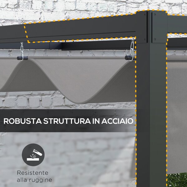 Outsunny Pergola Zahradní Altán 3x4m s Odkrytelnou Střechou a Odvodňovacími Otvory, Zahradní Pergola z Oceli a Polyesteru s Kolíky a Šrouby, Tmavě Šed