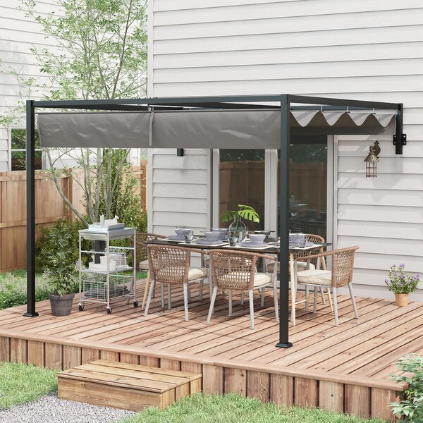 Outsunny Pergola Zahradní Altán 3x4m s Odkrytelnou Střechou a Odvodňovacími Otvory, Zahradní Pergola z Oceli a Polyesteru s Kolíky a Šrouby, Tmavě Šed