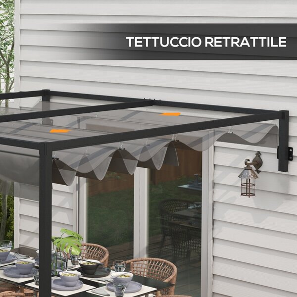 Outsunny Pergola Zahradní Altán 3x4m s Odkrytelnou Střechou a Odvodňovacími Otvory, Zahradní Pergola z Oceli a Polyesteru s Kolíky a Šrouby, Tmavě Šed