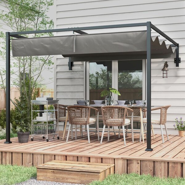 Outsunny Pergola Zahradní Altán 3x4m s Odkrytelnou Střechou a Odvodňovacími Otvory, Zahradní Pergola z Oceli a Polyesteru s Kolíky a Šrouby, Tmavě Šed