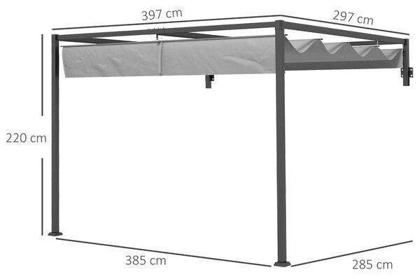 Outsunny Pergola Zahradní Altán 3x4m s Odkrytelnou Střechou a Odvodňovacími Otvory, Zahradní Pergola z Oceli a Polyesteru s Kolíky a Šrouby, Tmavě Šed
