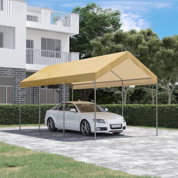 Outsunny nastavitelný ocelový a PE zahradní stan pro malé a střední automobily se stabilizačními kolíky a provázky, 600x295x265-310 cm, béžový | Aosom