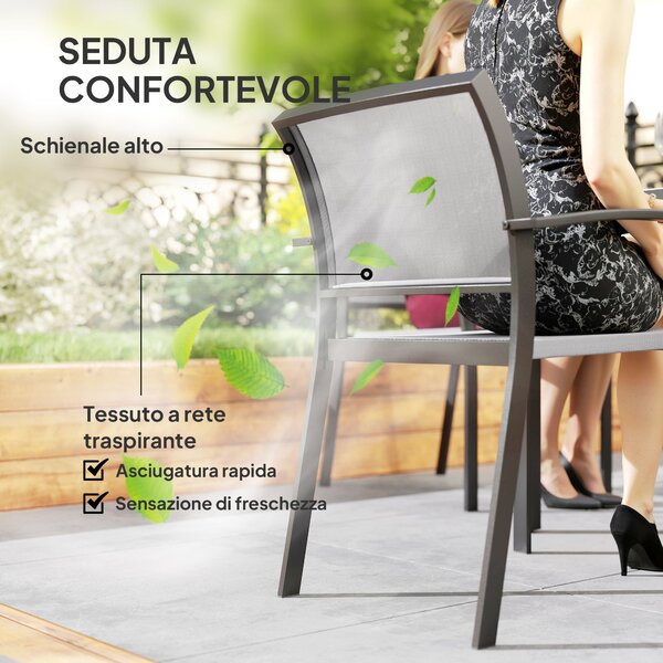 Sada zahradního stolu Outsunny s 9 kusy židlí, jídelní set s PSPC deskou, 8 skládacími venkovními židlemi s područkami, z oceli a Textilene, šedá | Ao