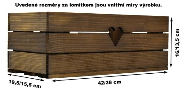 Dřevěný truhlík hnědý srdce 40 cm