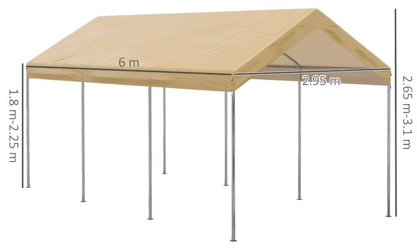 Outsunny nastavitelný ocelový a PE zahradní stan pro malé a střední automobily se stabilizačními kolíky a provázky, 600x295x265-310 cm, béžový | Aosom