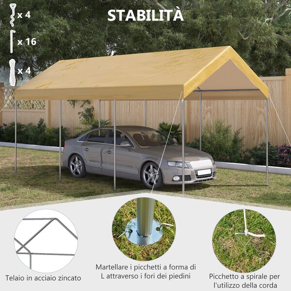 Outsunny nastavitelný ocelový a PE zahradní stan pro malé a střední automobily se stabilizačními kolíky a provázky, 600x295x265-310 cm, béžový | Aosom