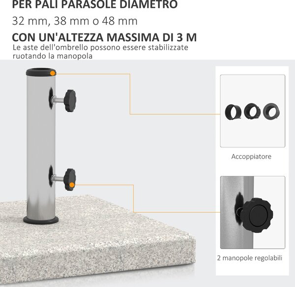 Základna slunečníku Outsunny 25 kg pro tyče s Ø32mm, Ø38mm a Ø48mm, žula a nerezová ocel, základna slunečníku se bočními knoflíky a rukojeťmi, 38x38x3