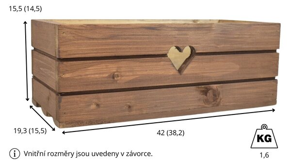 Dřevěný truhlík z masivu srdce- hnědý 40 cm