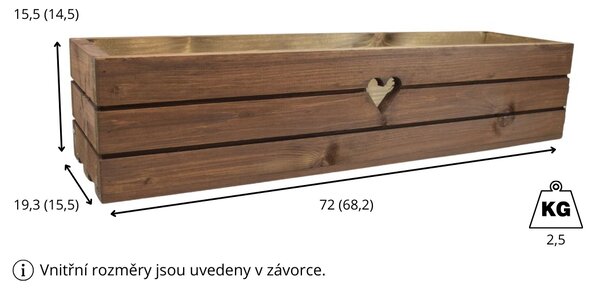 Dřevěný truhlík z masivu srdce - hnědý 70 cm