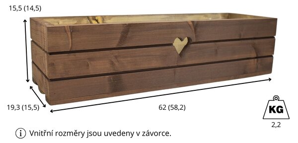 Dřevěný truhlík z masivu srdce - hnědý 60 cm