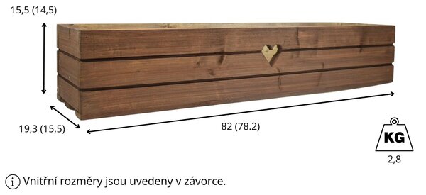 Dřevěný truhlík z masivu srdce - hnědý 80 cm