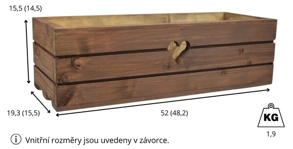 Dřevěný truhlík z masivu srdce - hnědý 50 cm