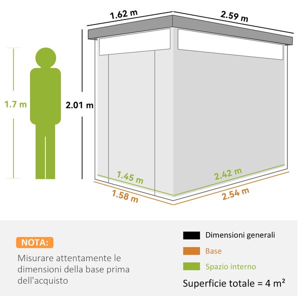 Zahradní kůlna Outsunny 4m² z pozinkované oceli s odvodňovacími otvory a čistými akrylovými okny, úložiště nářadí s plisovanou střechou, zamykací dveř