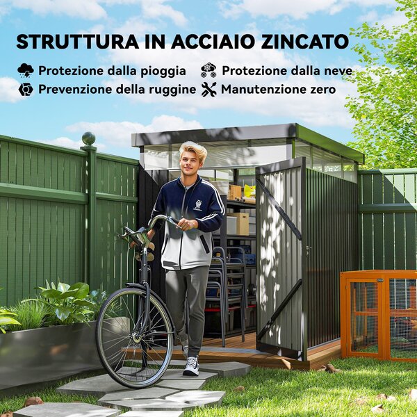 Zahradní kůlna Outsunny 4m² z pozinkované oceli s odvodňovacími otvory a čistými akrylovými okny, úložiště nářadí s plisovanou střechou, zamykací dveř