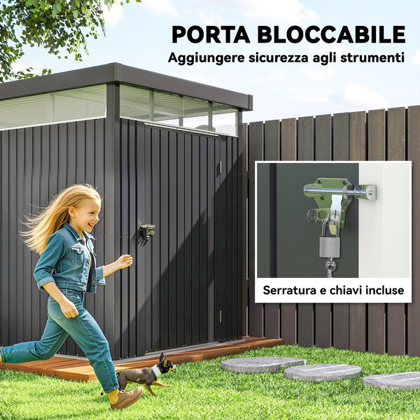 Zahradní kůlna Outsunny 4m² z pozinkované oceli s odvodňovacími otvory a čistými akrylovými okny, úložiště nářadí s plisovanou střechou, zamykací dveř