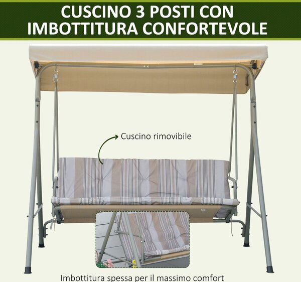 Outsunny Houpací Lavice pro 3 Osoby se Železnou Rámem a Nastavitelnou Sluneční Clonou, Polstrované Polštáře a Područky, 172x110x156cm | Aosom